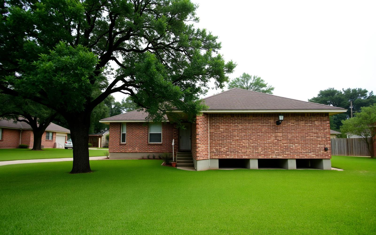 Brick single-family home with a mature oak tree in a Houston Texas neighborhood